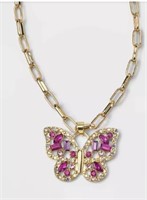Pave Stone Butterfly Collar Necklace  Pink