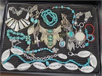 LARGE TURQUOISE AND SILVER TONE JEWELRY