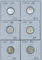 (6) BU Mercury Silver Dimes 1940's, 1941,1944,1945