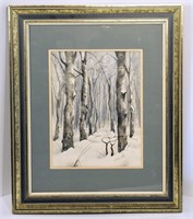 Signed Water Color T Ross Baic "Birches" Wall Art