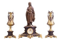 French Marble & Bronze 3pc Clock set ca. 1890