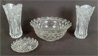 Fostoria American Punch Bowl & Two Vases