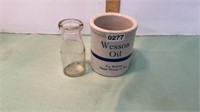 Wesson oil, crock, and milk bottle