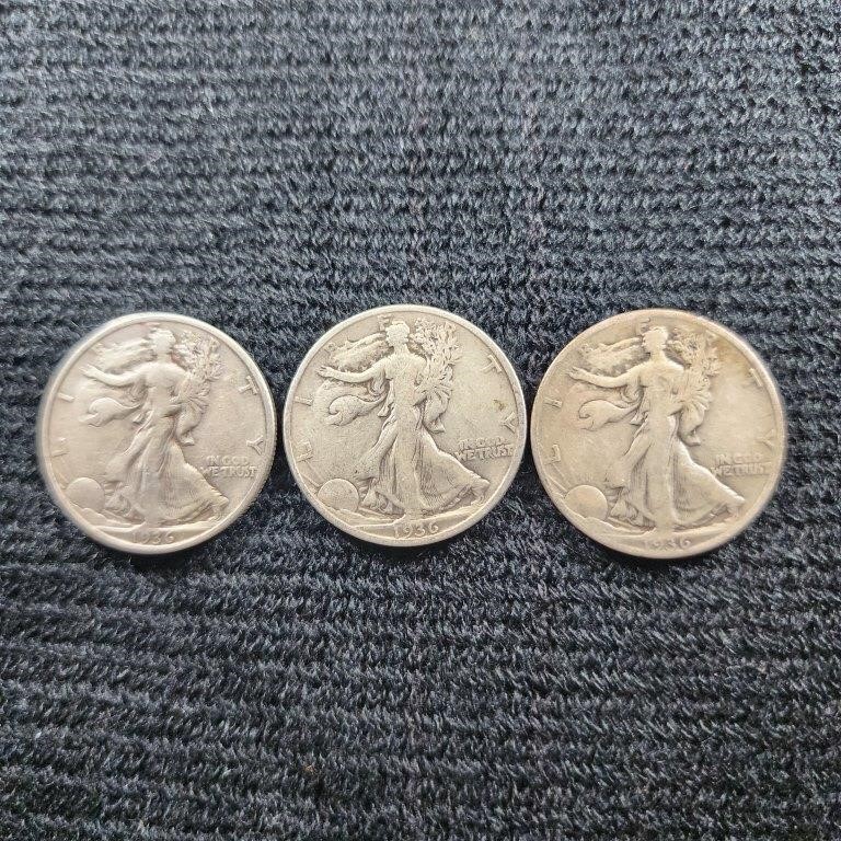 3 1936 Walking Liberty Half Dollars, 90% Silver,