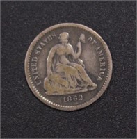 US Coins 1862 Seated Liberty Half Dime, circulated