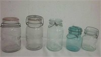 5 vintage jars 2 Foster light purple jars 1 with