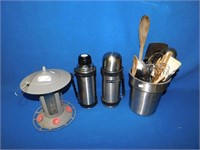 Two thermoses, qty of cooking utensils