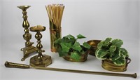 Brass Baskets (2), Candlesticks (2)