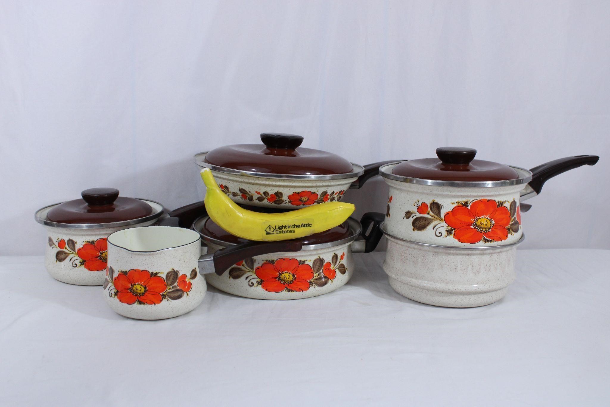 6 Vtg. SankoWare "Orange Poppy" Enamel Pots & Pans