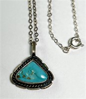 18" Sterling Chain/Native Signed Turquoise Pendant