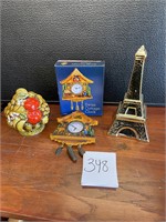 Swiss cottage clock, VTG fruit bowl, Eiffel tower