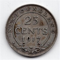 1917 Newfoundland 25 Cent Silver Coin