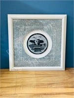 framed 6" round soap stone carving signed