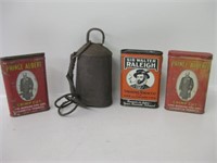 3 Vtg Tobacco Tins & Antique Cow Bell