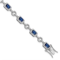 Sterling Silver Rh-Plt CZ-Blue Glass Necklace