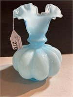 VINTAGE LARGE FENTON BLUE MELON VASE WITH RUFFLED