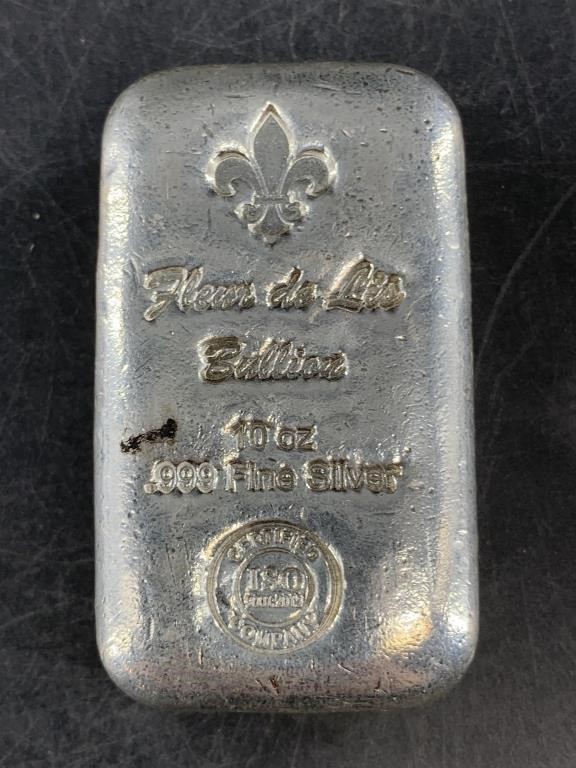 10 Troy oz. bar of .999 fine silver Fleur de Lis M