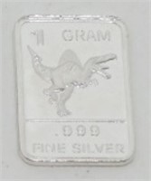 1 gram Silver Ingot - Velociraptor, .999 Fine