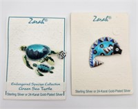 Zarah Sterling Turtle and Fish Brooches