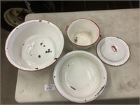 Set of white with red rim enamel-ware