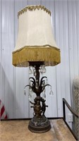 Tall HEAVY table lamp w/ cherubs & glass prisms &