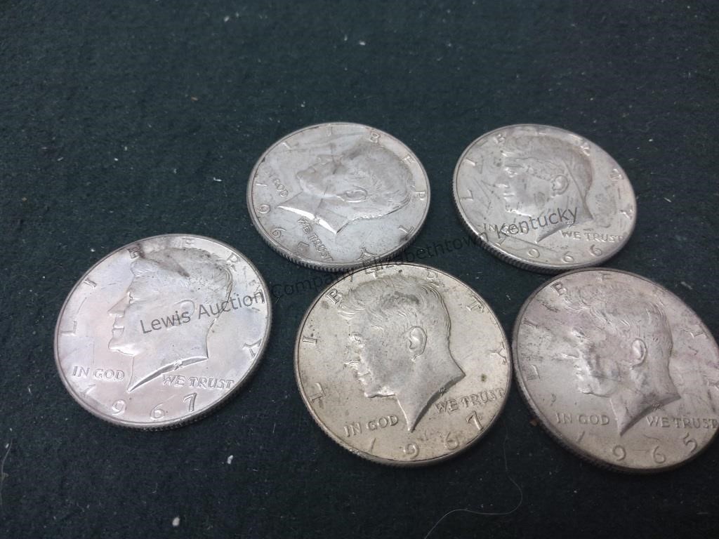 5 silver clad John F Kennedy half dollars
