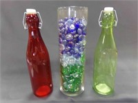 (2) Modern Glass Bottles & Clear Glass Vase Filled