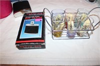 6 Liquor Glasses in Tray & SS  Flask