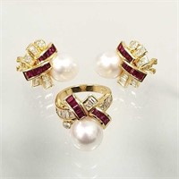 18K gold South sea pearl, diamond & ruby ring