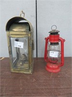 1 BRASS OIL LAMP & 1 RED METAL OIL LAMP