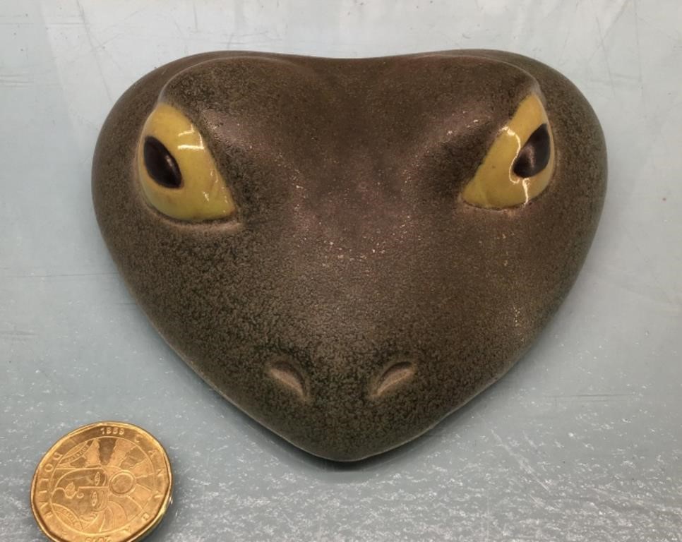 Signed ceramic frog head paperweight