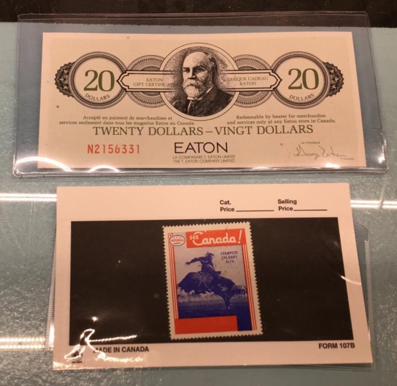 Eatons 20 dollar note & Imperial Stampede stamp