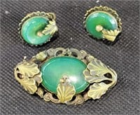 Antique Green Stone & Brass Leaf Brooch/Earrings