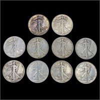 (10) Walking Half Dollars (1937, 1937-D, 1938,