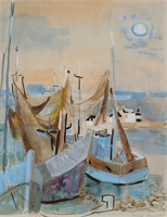 Georges Lambert Watercolor Boats at Dock