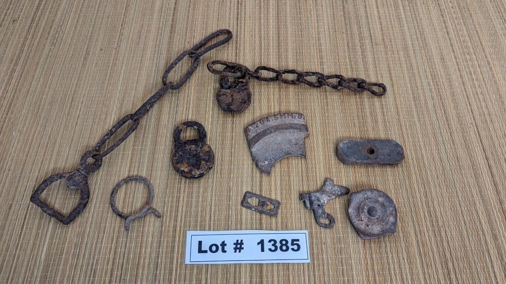 ANTIQUE LOCKS, CHAIN AND AN OLD GAS CAP