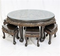 Furniture Carved Asian Tea Table & Nesting Stools