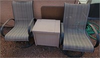 F - PAIR OF PATIO CHAIRS, STORAGE BOX W/ CONTENTS