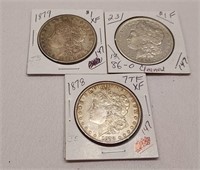 1878 7 T.F., 1879 Silver Dollars XF; 1886-O