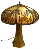 ANTIQUE AMERICAN GILT METAL & GLASS TABLE LAMP