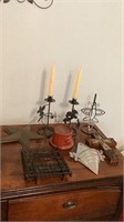 Metal candle sticks, cross, coasters, stares,