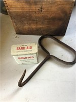 Hook, wooden box, tins