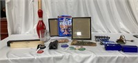 Box lot of yard sticks, buttons, picture frames,