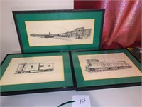 THREE SKETCHES TRAINS SIGNED