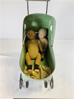 Vintage Metal doll buggy w/ dolls