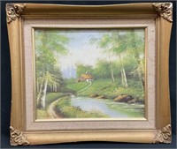 Framed Oil on Board Cottage Landscape