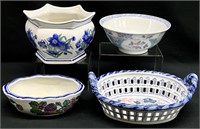 4pc Asian Blue & White Porcelain Planters / Decor