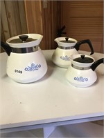 Three different size Corning Ware coffee pots