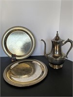 Two Silver Plate Serving Trays & Teapot