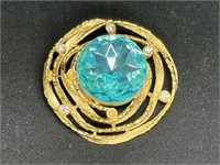 Craft Round Blue/Clear Rhinestone Goldtone Brooch